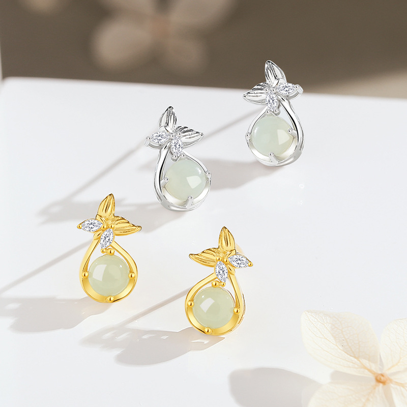 Original fish tail lucky bag Hetian jade earrings for women, pure silver micro-inlaid zircon 18K gold earrings, vintage earrings
