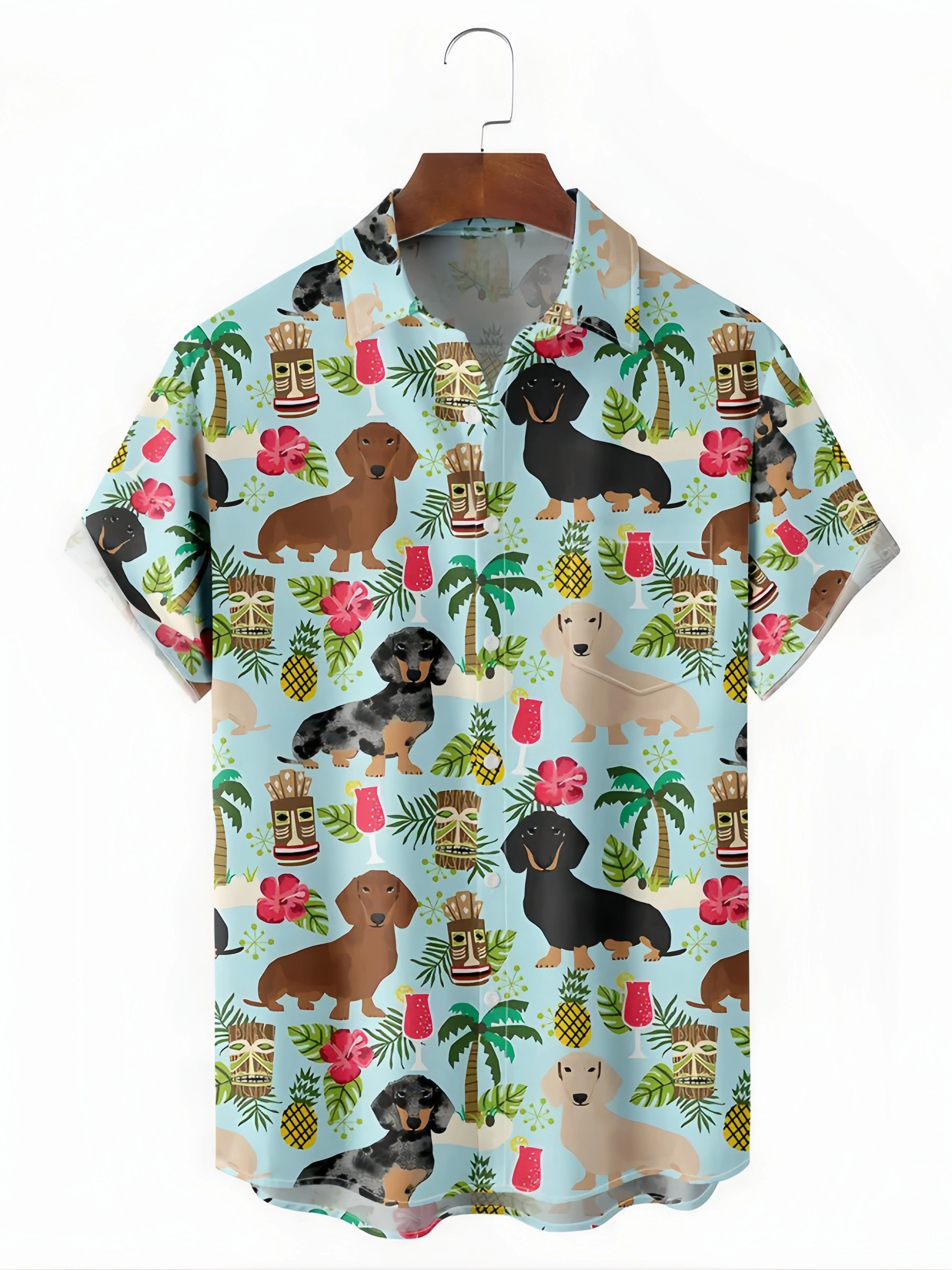 Tiki Dog Chest Pocket Short Sleeve Hawaiian Shirt