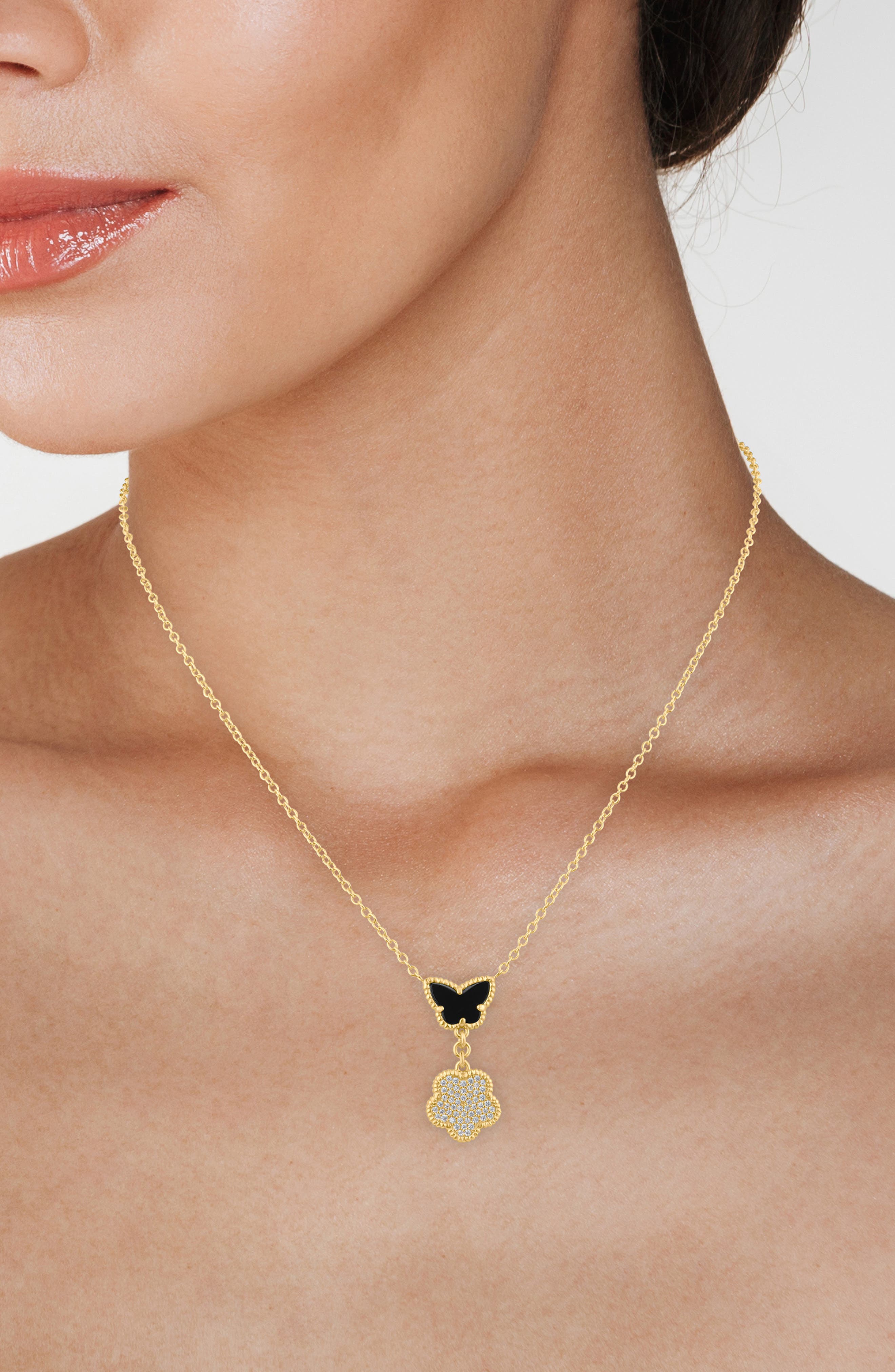 CZ by Kenneth Jay Lane CZ Pavé Butterfly & Clover Drop Pendant Necklace