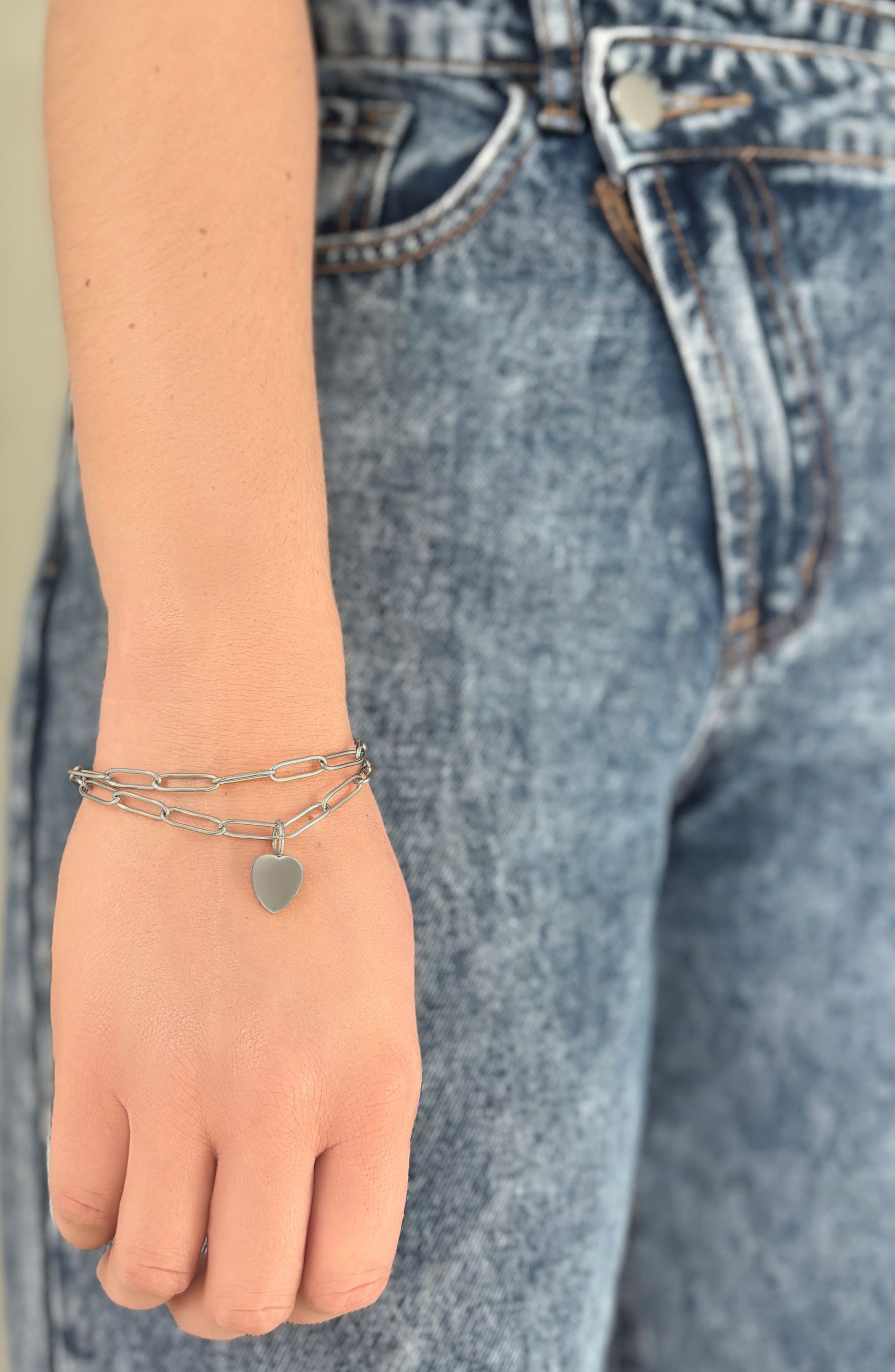 Adornia Water Resistant Paperclip Chain Heart Charm Bracelet Set