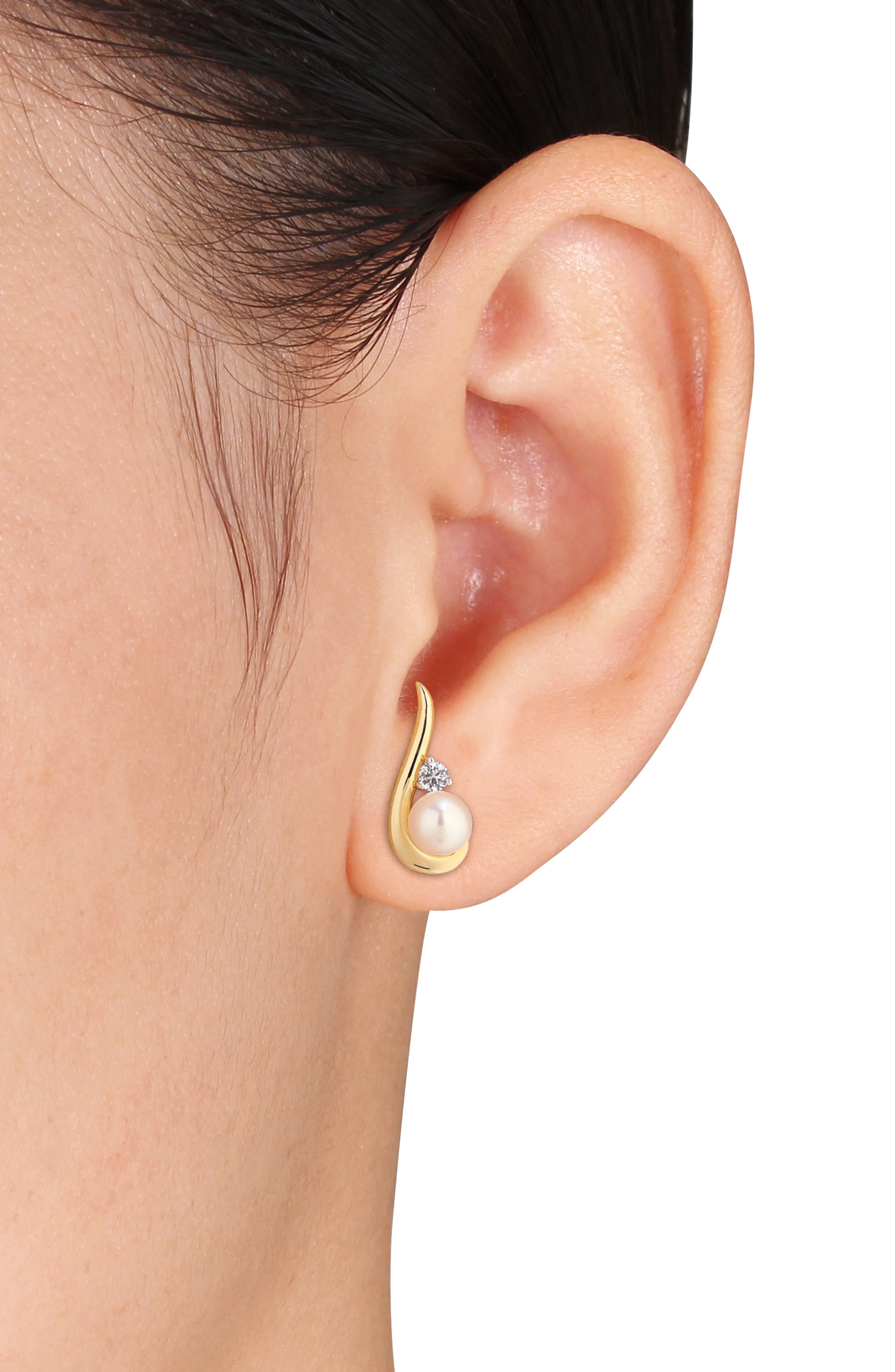 DELMAR 6-6.5mm Cultured Freshwater Pearl & White Sapphire Stud Earrings