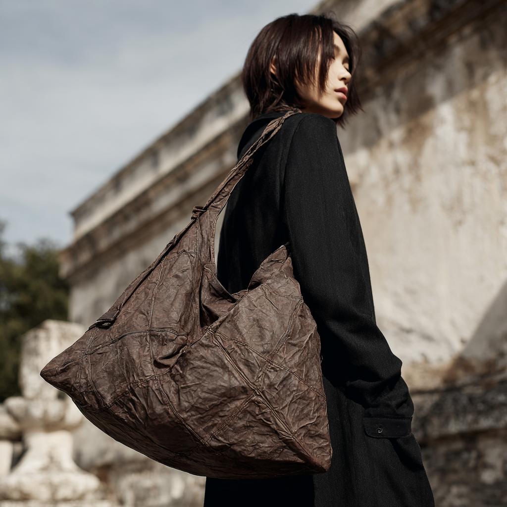 Dark Brown Vintage Crinkled Leather Hobo Shoulder Bag