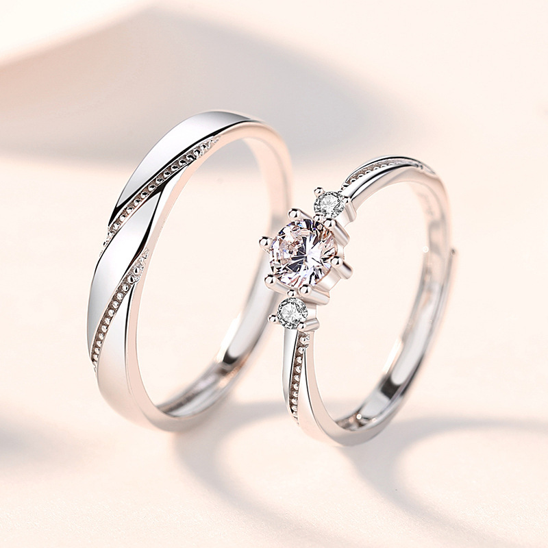 Love at first sight couple rings, S925 sterling silver, Korean and Japanese style, simple design with simulated diamonds, adjustable open ring, Valentine's Day gift