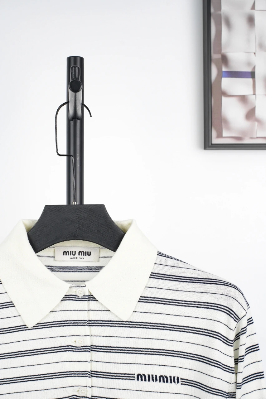 Miu Miu White Black Stripe Logo Intarsia Long Sleeve Polo Shirt product photo from LabelPicks