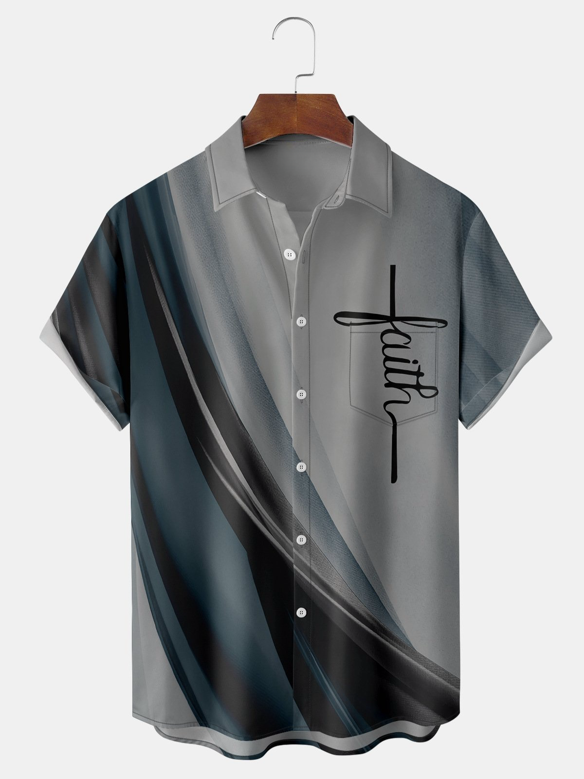 Easter Cross Chest Pocket Short Sleeve Casual Shirt