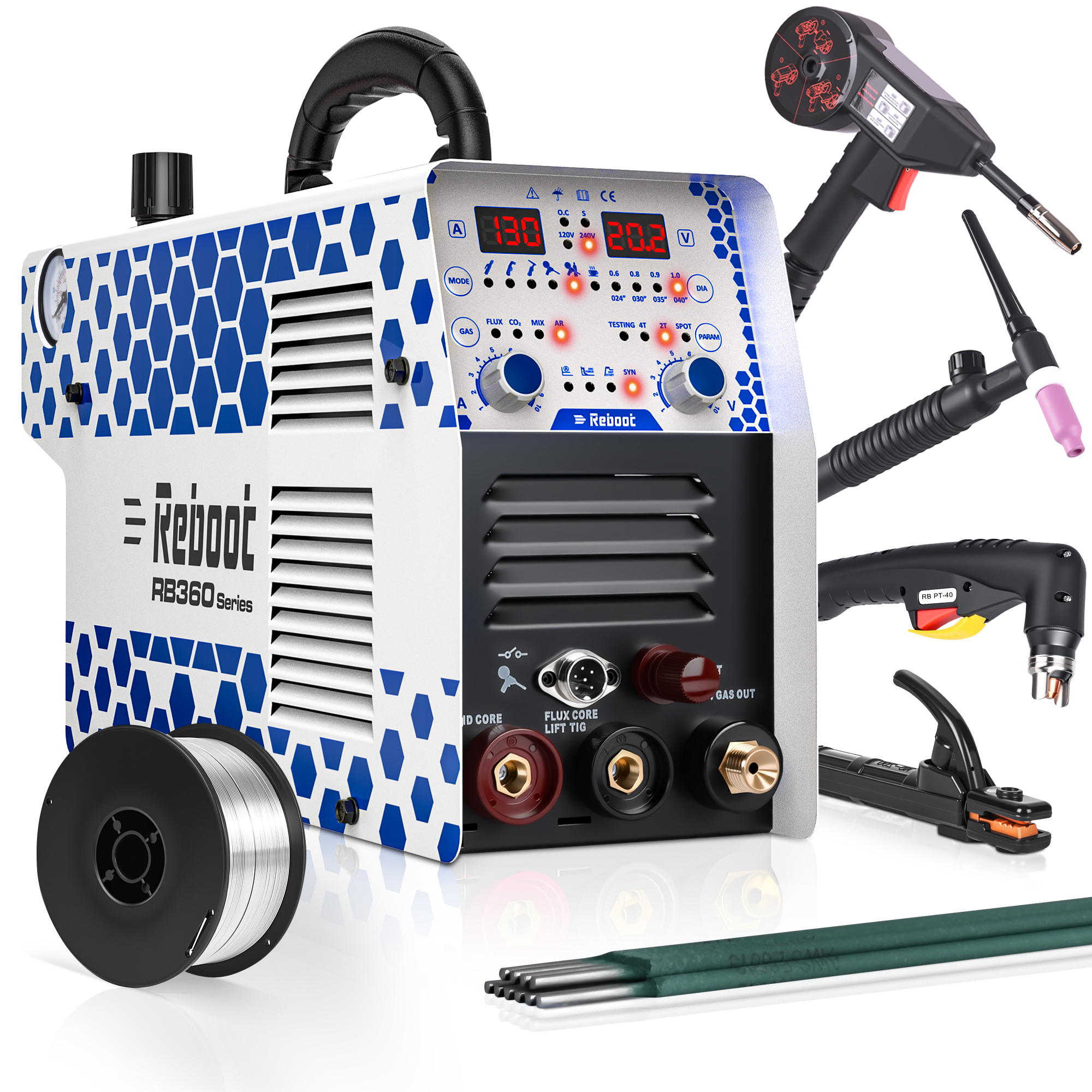 Reboot 130A Plasma Cutter Welder Combo 120V/240V Dual Voltage Plasma Cutter Machine 1/2 Inch Clean Cut 5/8 Inch Max Cut Gas MIG/Flux Core/Stick/LIFT TIG/Aluminum Welding with Spool Gun