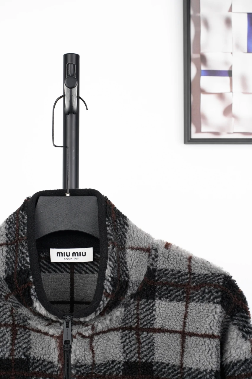 Miu Miu Grey Black Check Fleece Zip Jacket product photo from LabelPicks