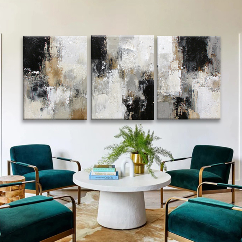 Hand-Painted and Hand-Drawn Abstract Oil Painting Triptych in Black, White, and Warm Beige Tones| Textured Modern Wall Art for Living Room, Bedroom, Hallway, or Office| Calming Contemporary Decor and a Refined Seasonal Holiday Gift