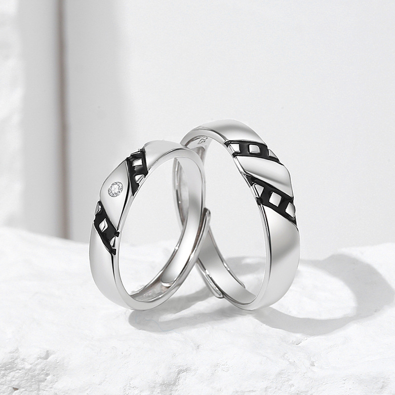 Original Memory Film Couple Rings, 925 Sterling Silver, Unique Design, Enamel and Resin Inlay, Black and White Open Rings, 925 Sterling Silver, Unique Design, Enamel and Resin Inlay, Black and White Open Rings