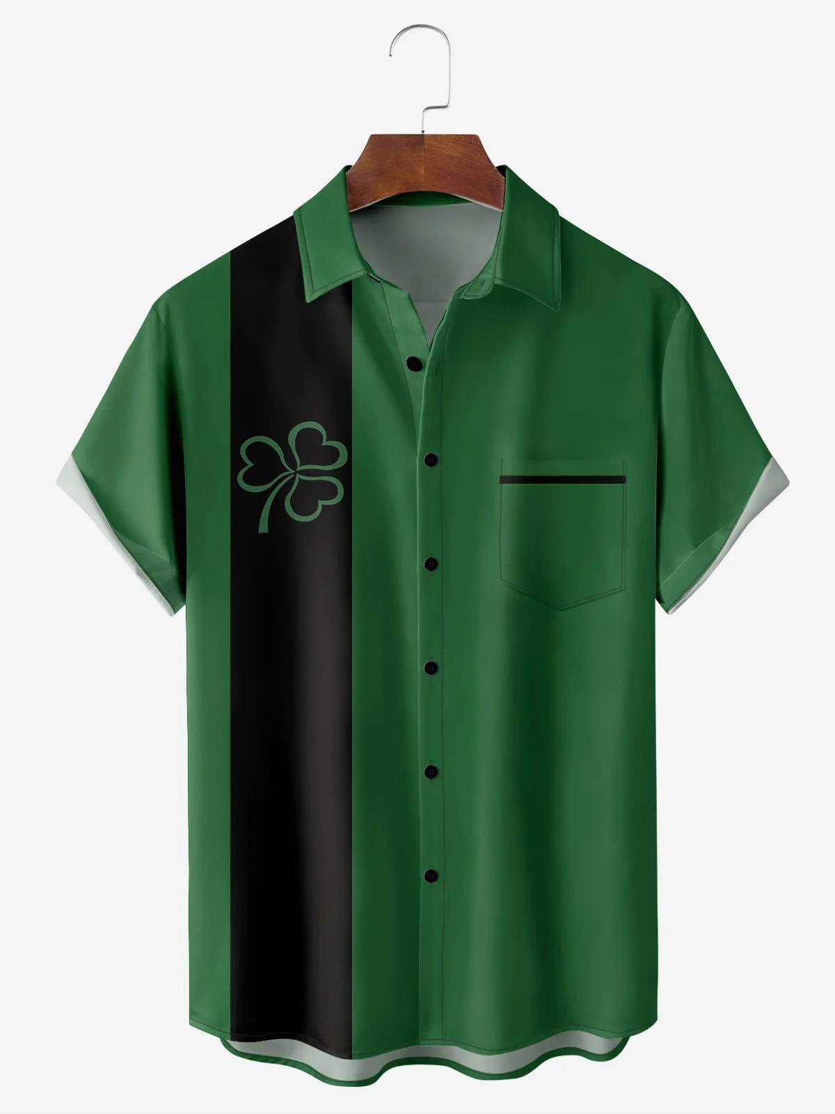 St. Patrick's Day Shamrock Chest Pocket Short Sleeve Bowling Shirt