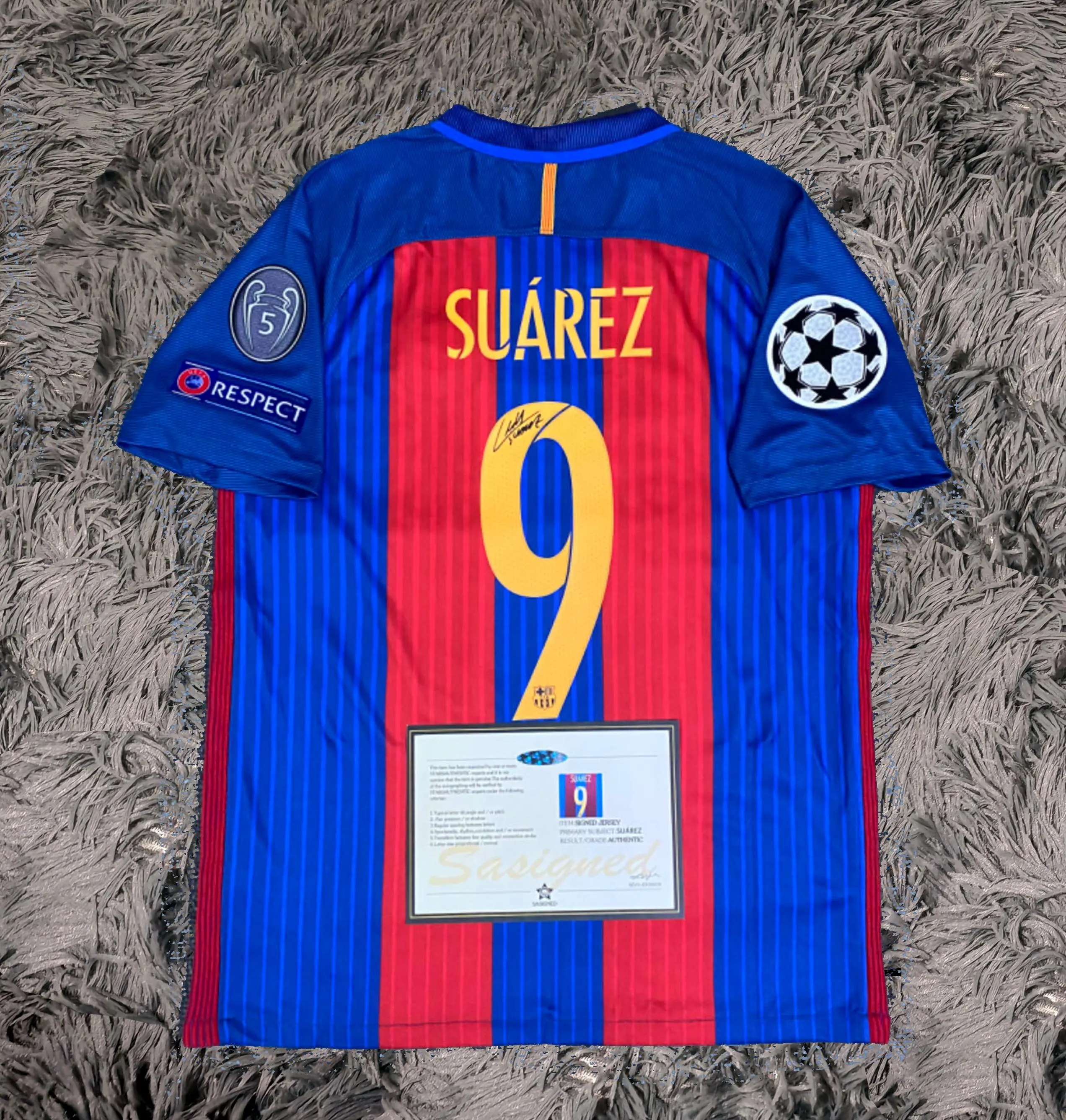 Luis Suarez SIGNED Barcelona 16/17 Home UCL Jersey/Shirt - COA - Retro