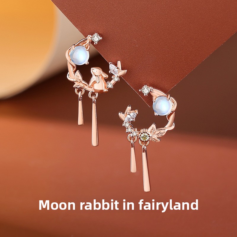 925 sterling silver forest-style cute rabbit earrings, vintage Chinese-style design, forest-style rabbit studs, moonstone earrings