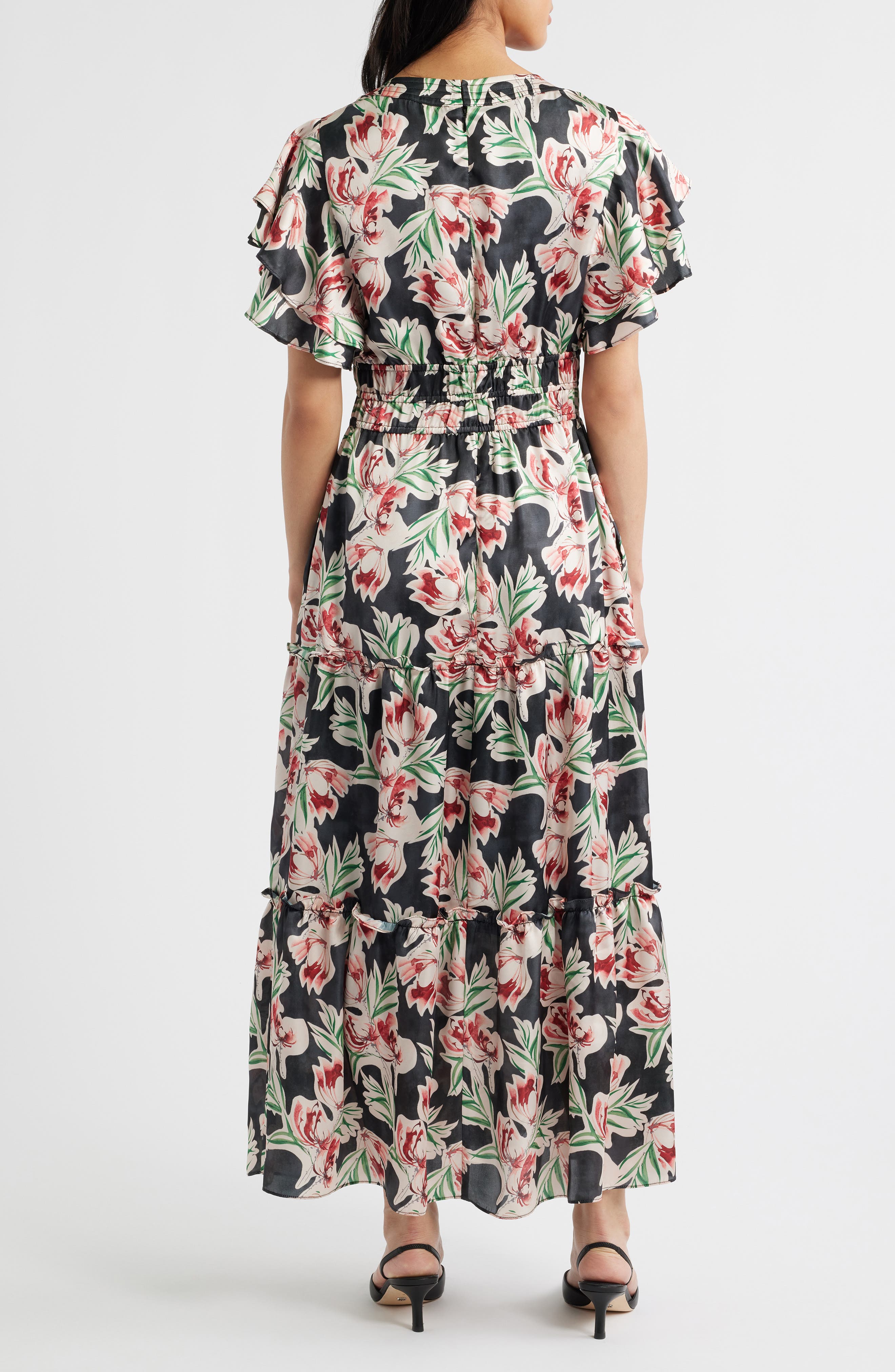 Julia Jordan Floral Tiered Split Neck Ruffle Sleeve Satin Dress