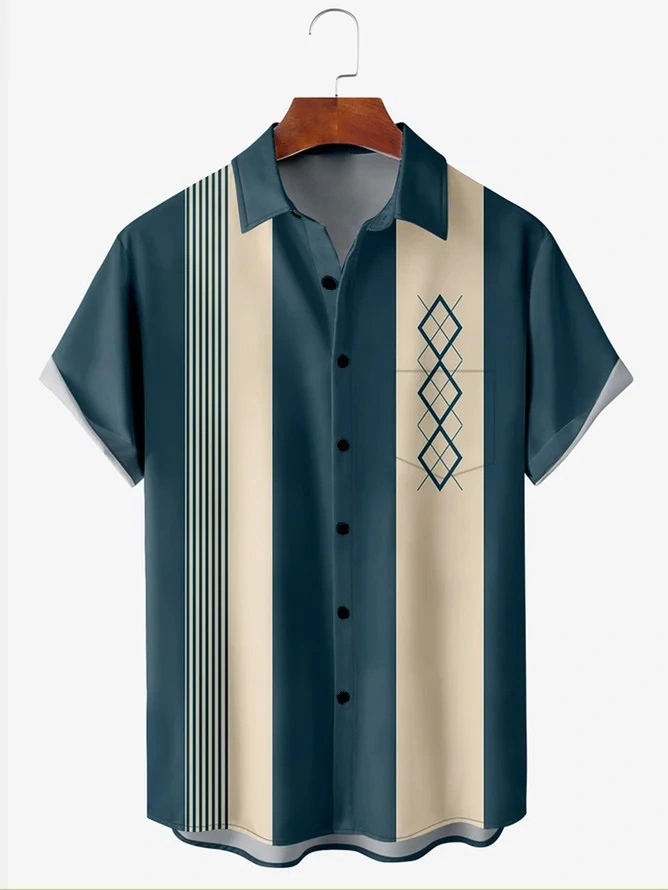 Moisture-wicking Geometric Chest Pocket Bowling Shirt