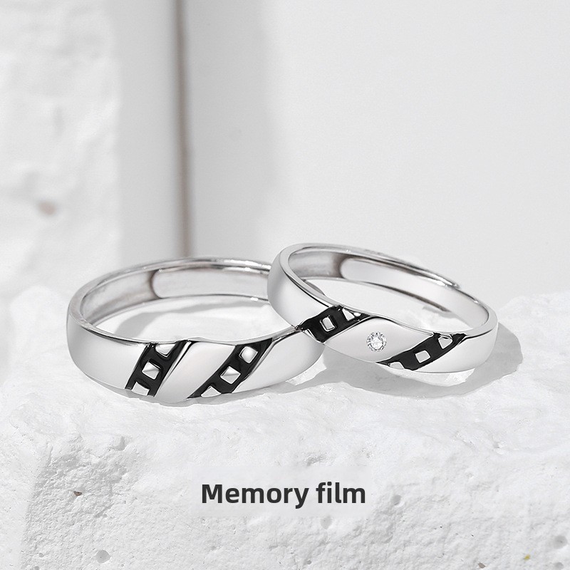 Original Memory Film Couple Rings, 925 Sterling Silver, Unique Design, Enamel and Resin Inlay, Black and White Open Rings, 925 Sterling Silver, Unique Design, Enamel and Resin Inlay, Black and White Open Rings