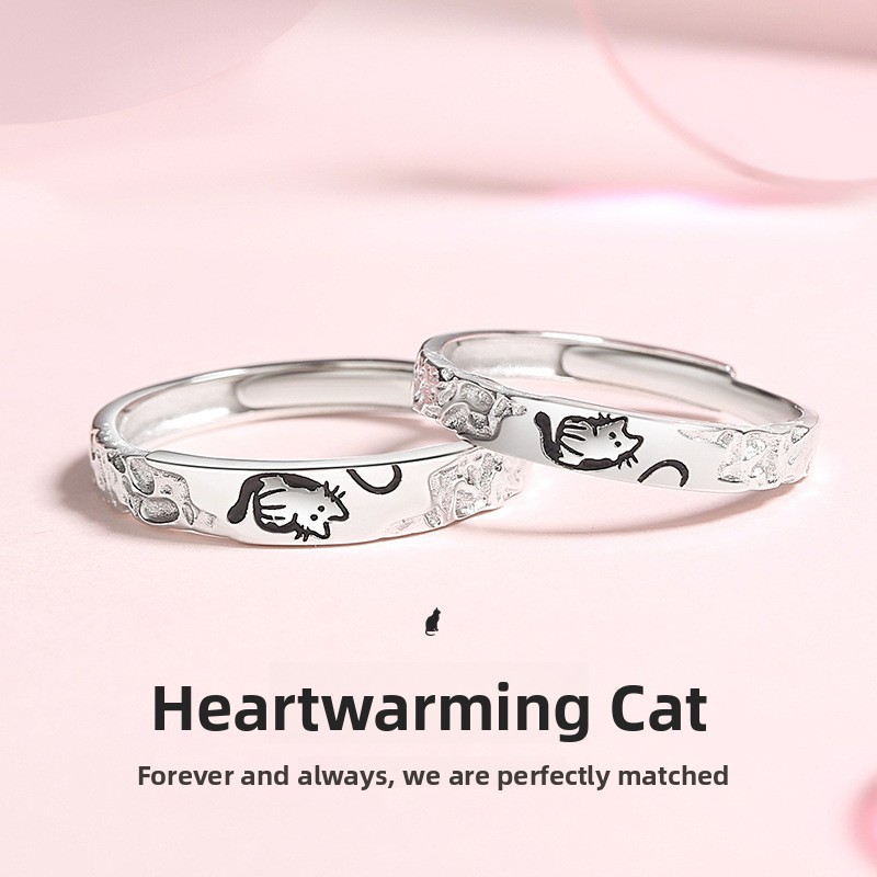 Original design: a pair of heart-shaped rings featuring adorable cat couples, a unique and trendy cartoon cat ring, and a heart-shaped ring – perfect as a birthday gift