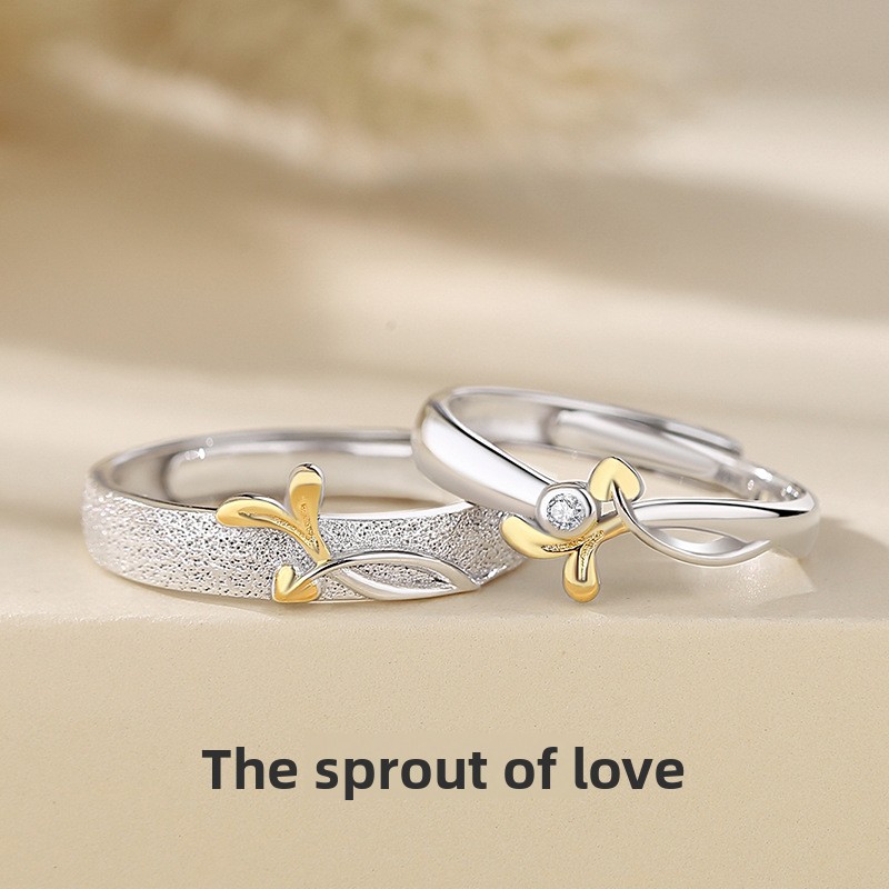 Original love-themed couple rings, sterling silver 925, Korean-style, niche design, featuring a forest-inspired leaf and heart motif