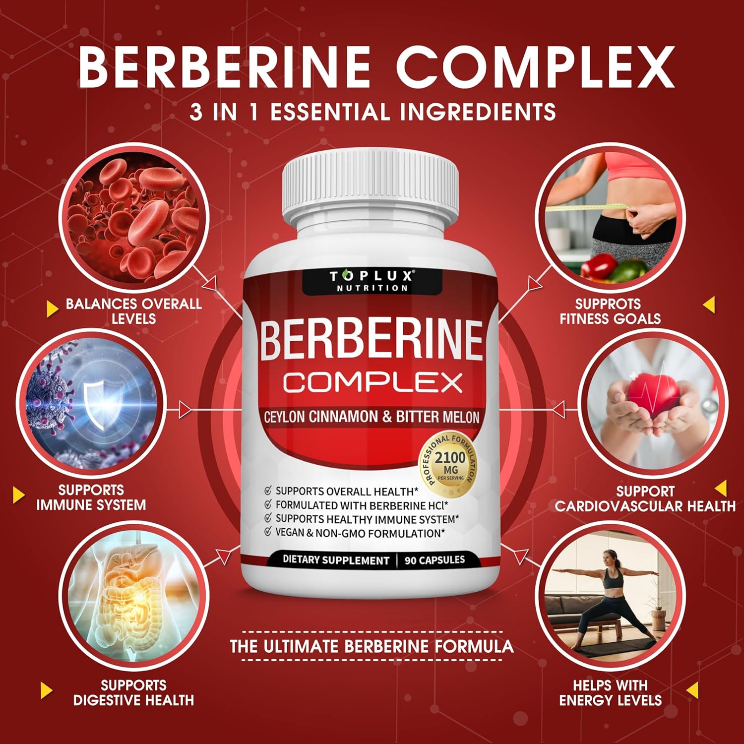 Toplux Berberine with Ceylon Cinnamon and Bitter Melon 2100mg - High Purity 97% HCL Berberine Supplement, Supports Overall Health & Immune System, Non-GMO Vegan 90 Capsules