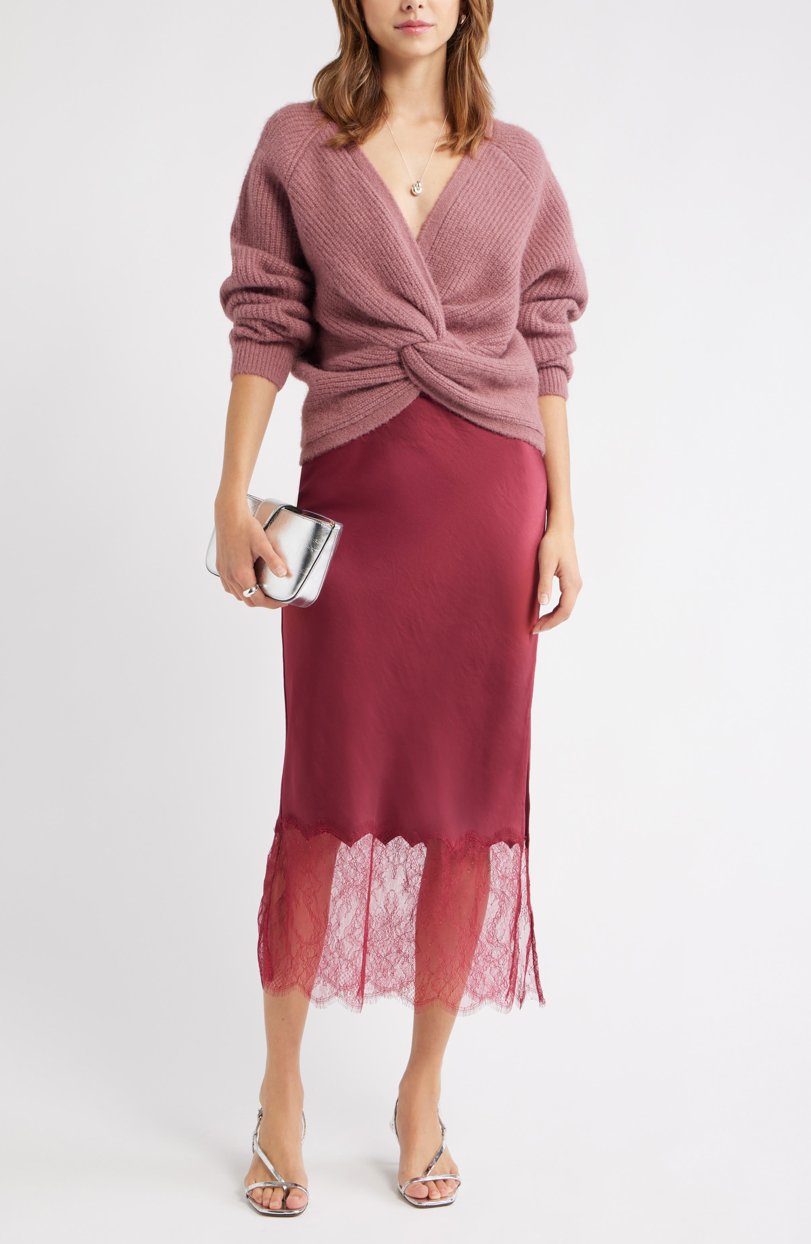 Open Edit Lace Trim Satin Midi Skirt