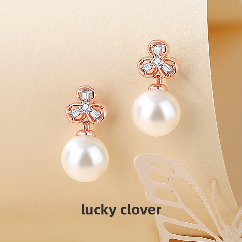 Original Lucky Clover Pearl Stud Earrings for Women, Pure Silver, Fresh and Delicate, Rose Gold Petal Earrings, Ear Jewelry