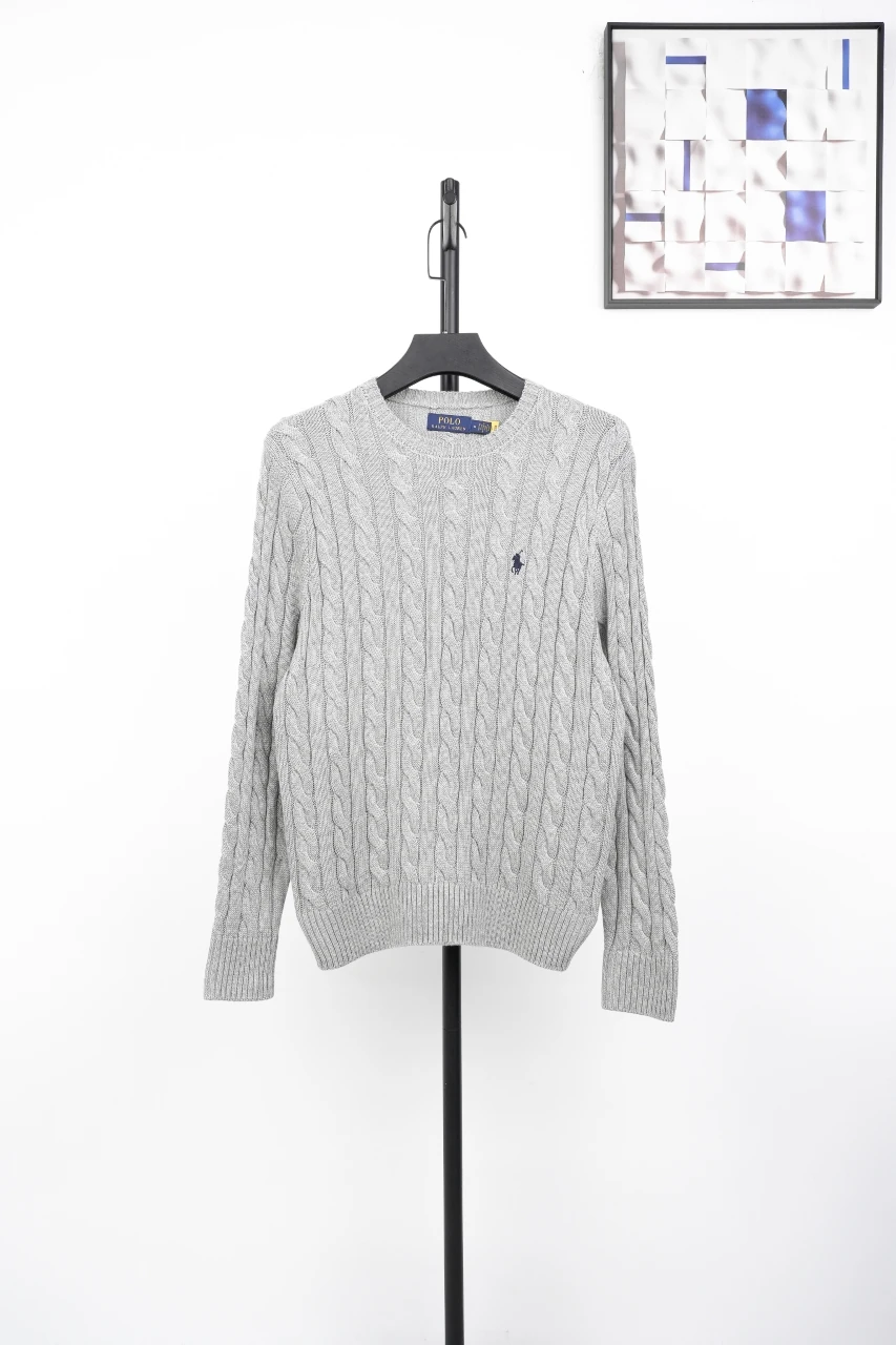 Ralph Lauren Light Grey Pony Embroidered Cable Knit Crewneck Sweater product photo from LabelPicks
