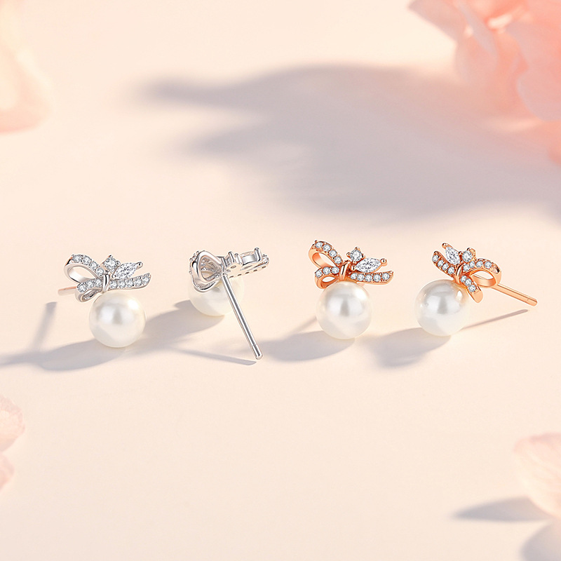 Original bowknot pearl earrings for women, made of sterling silver, light luxury French style, elegant and simple high-end earrings