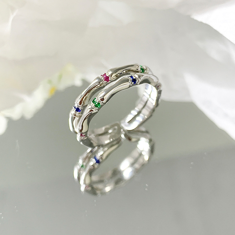 Bamboo-patterned cubic zirconia ring in dopamine colors, made of 925 sterling silver, trendy and stylish, featuring a unique design with a high-end feel, adjustable open ring, new summer collection