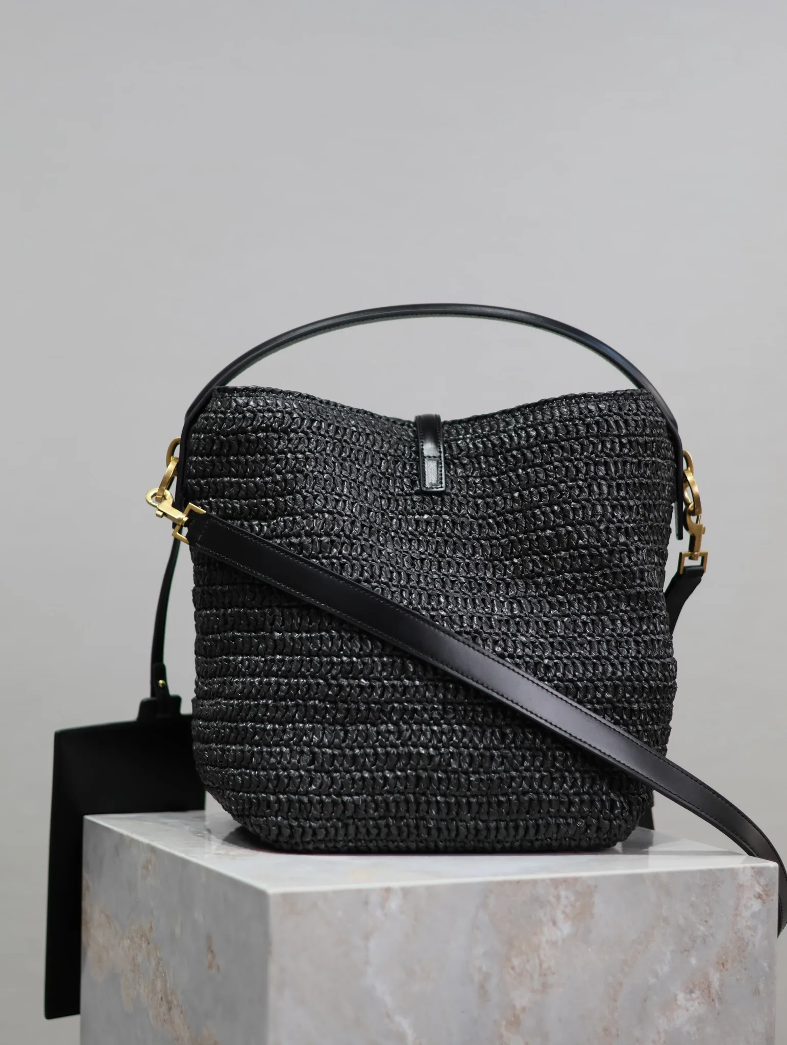Saint Laurent Black Straw Woven Bucket Bag product photo from LabelPicks