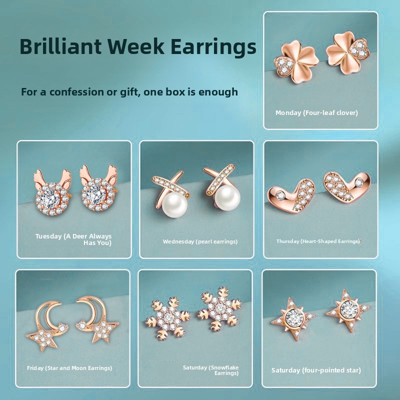 Sparkling weekly earring set for women, a fashionable and versatile gift box containing a week's worth of earrings, perfect for Valentine's Day or as a gift for your girlfriend