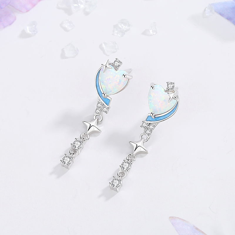 Original Romantic Heart Earrings for Women, Summer Fresh Style, Heart-Shaped Opal Tassel Earrings, Light Luxury and High-End Earrings