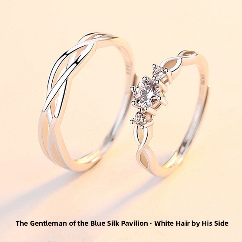 Tangled Love Silver Couple Rings 999 Sterling Silver Pair for Men and Women Korean Style Simple Open Ring with Simulated Diamond