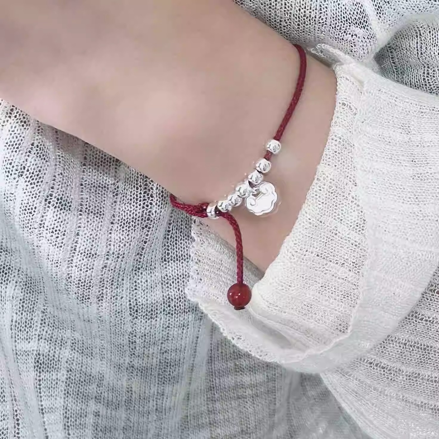 925 sterling silver Ruyi lock small round bead bracelet, vintage Chinese style, new Chinese style small round bead braided red string bracelet