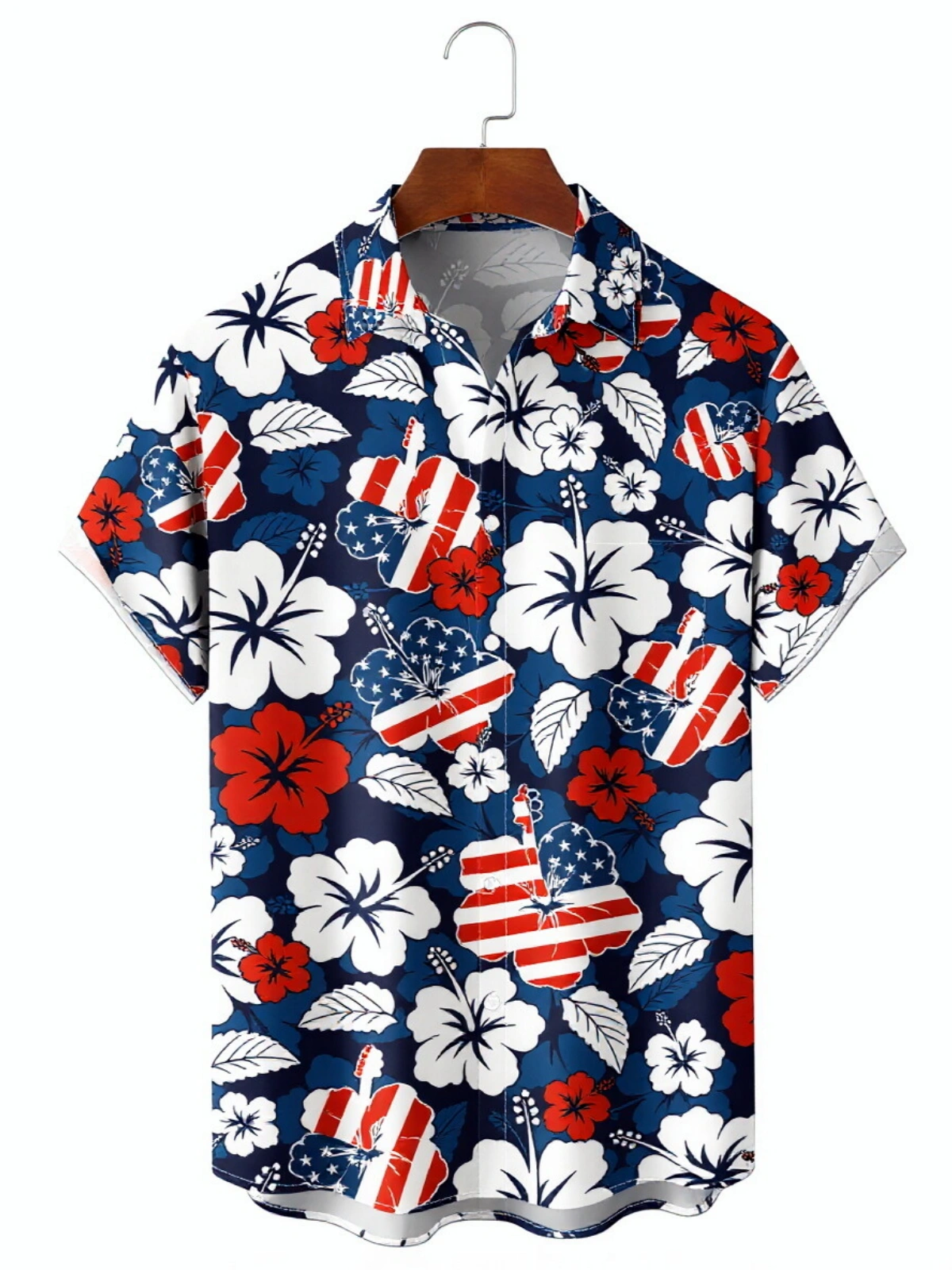 Men's printed shirts U.S. Independence Day Anniversary Flag Floral and Botanical Pattern  Holiday Hawaiian Shirt