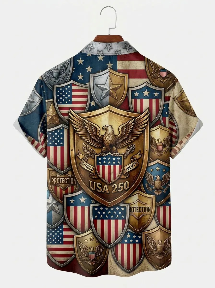 Men's printed shirts, USA Shield & Eagle Emblem Patriotic Aloha Shirt