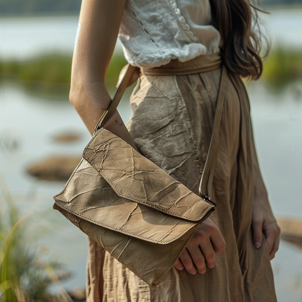 Textured Crinkled Leather Envelope Beige Crossbody Bag