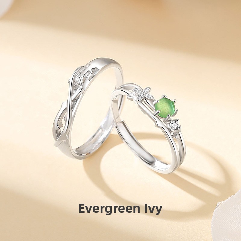 925 sterling silver green light ivy couple rings, ins style, fresh and light luxury, forest-themed, original design