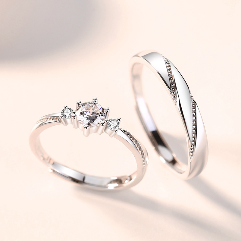 Love at first sight couple rings, S925 sterling silver, Korean and Japanese style, simple design with simulated diamonds, adjustable open ring, Valentine's Day gift