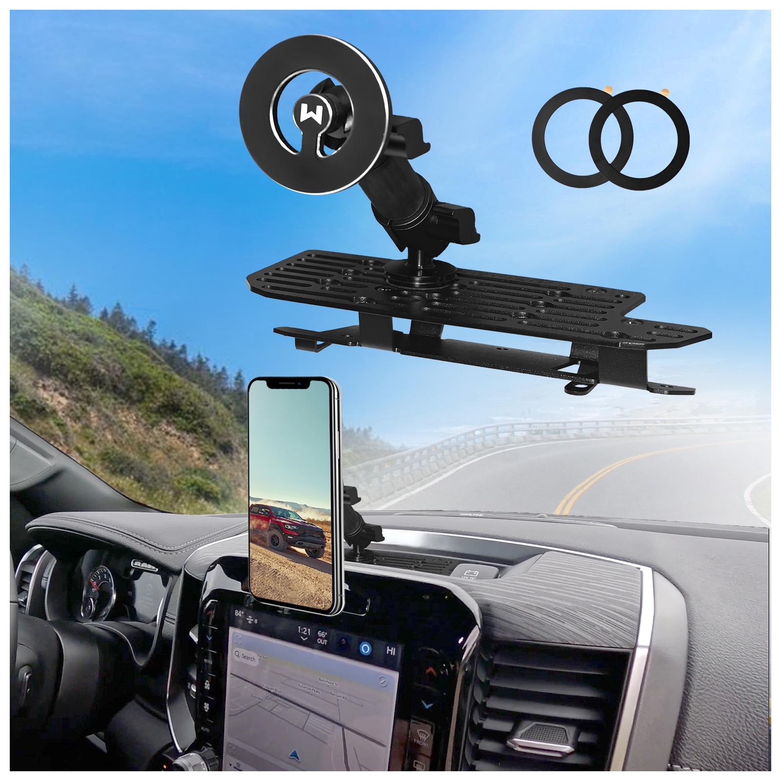 WXRYLYN Ram 1500 Phone Mount Heavy Duty Truck Phone Mount for 2019+ Ram 1500 2500 3500 TRX | Full Metal Magnetic & Univesal Phone Holder for iPhone 17/16 & Android | OEM Screw Hole Installation