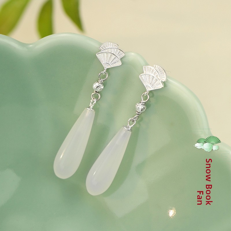 925 sterling silver fan-shaped earrings for women, featuring a Chinese-style design, a new Chinese aesthetic, white jade stone pendants, a long style, and a sophisticated tassel design
