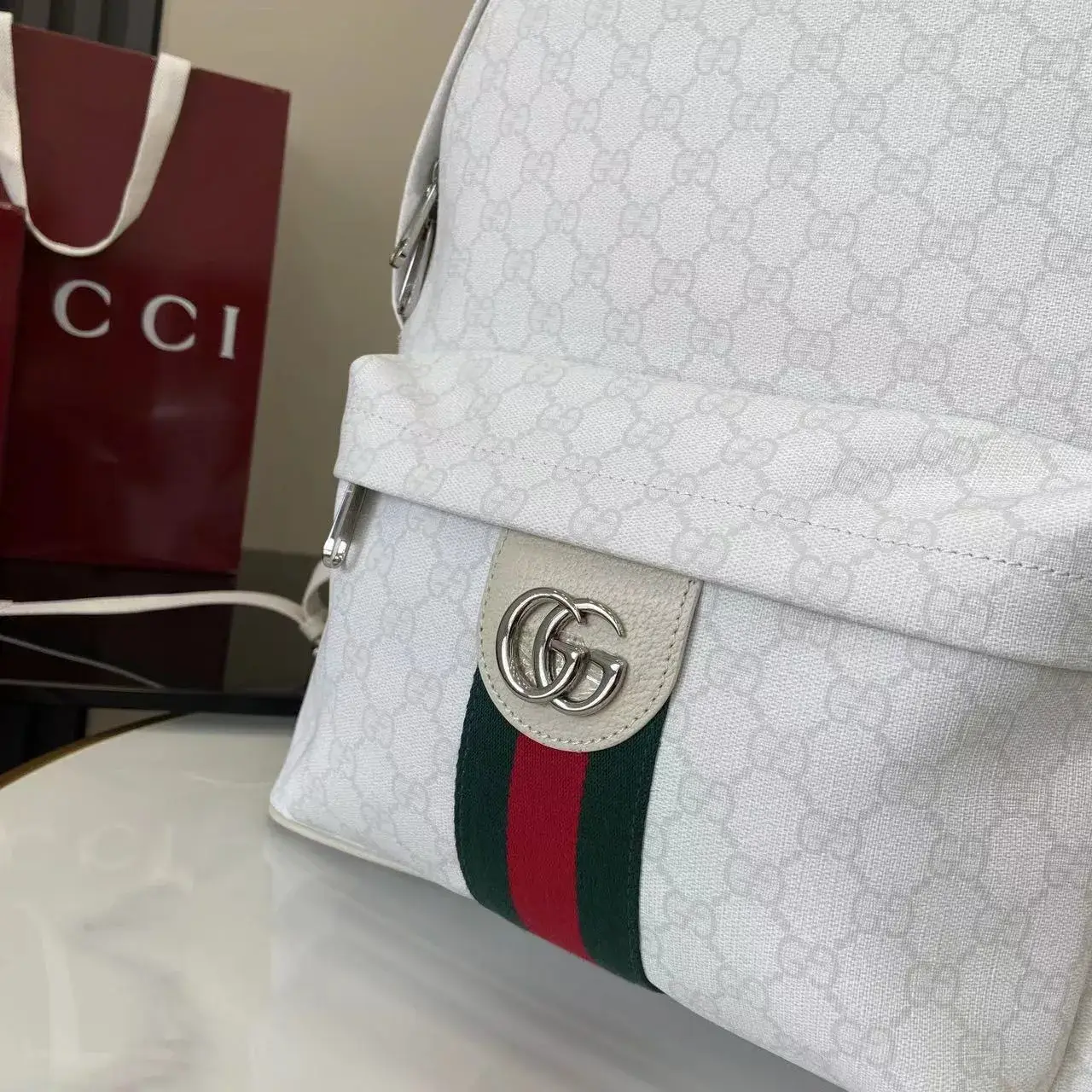 Gucci Ophidia White GG Supreme Canvas Backpack product photo from LabelPicks