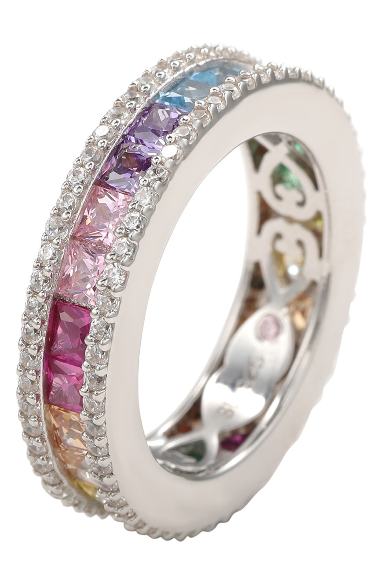 SUZY LEVIAN Sterling Silver Rainbow Princess Cut Cubic Zirconia Band Ring