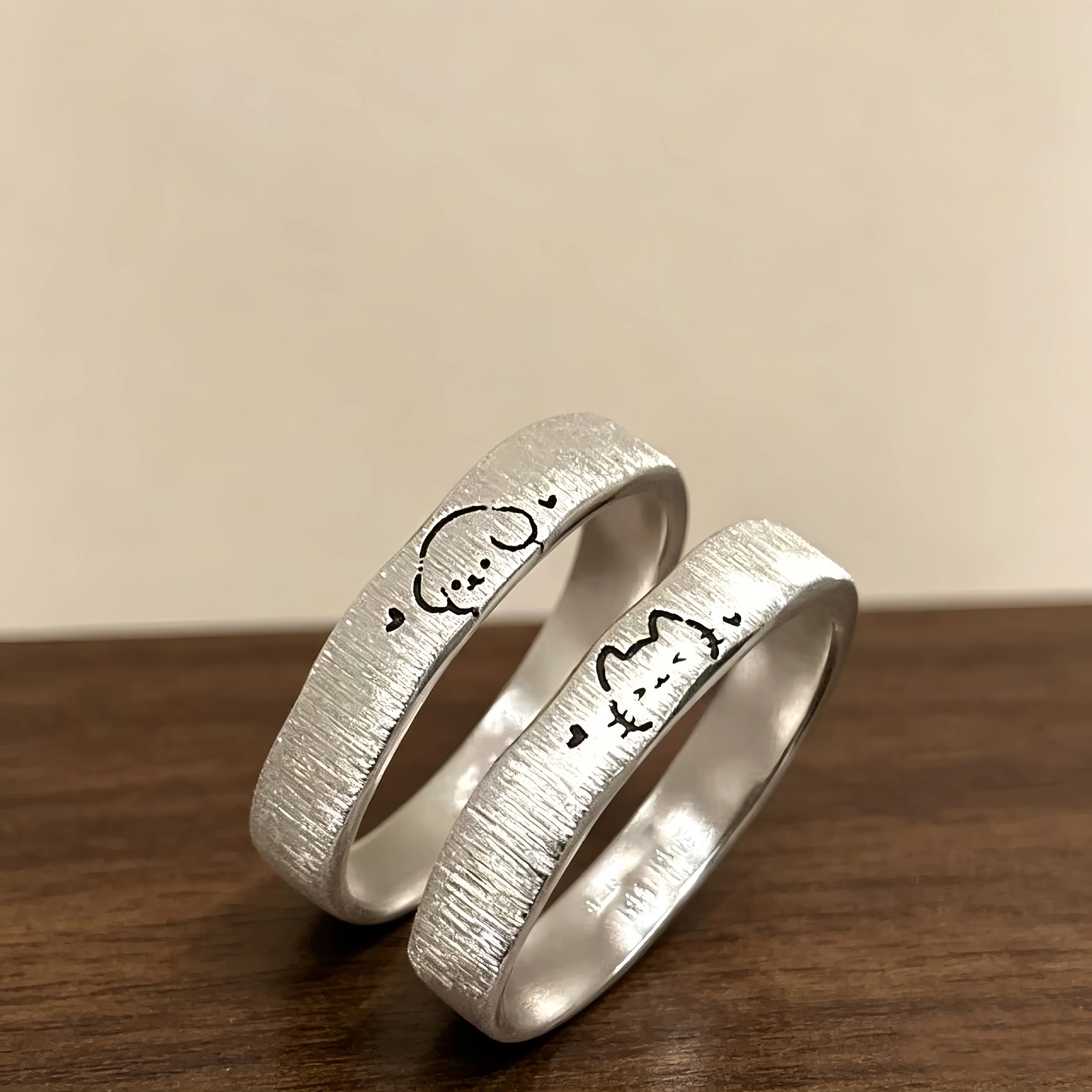 S925 sterling silver brushed cat and dog couple rings, simple and cute, a popular design on Xiaohongshu, perfect as a Valentine's Day gift