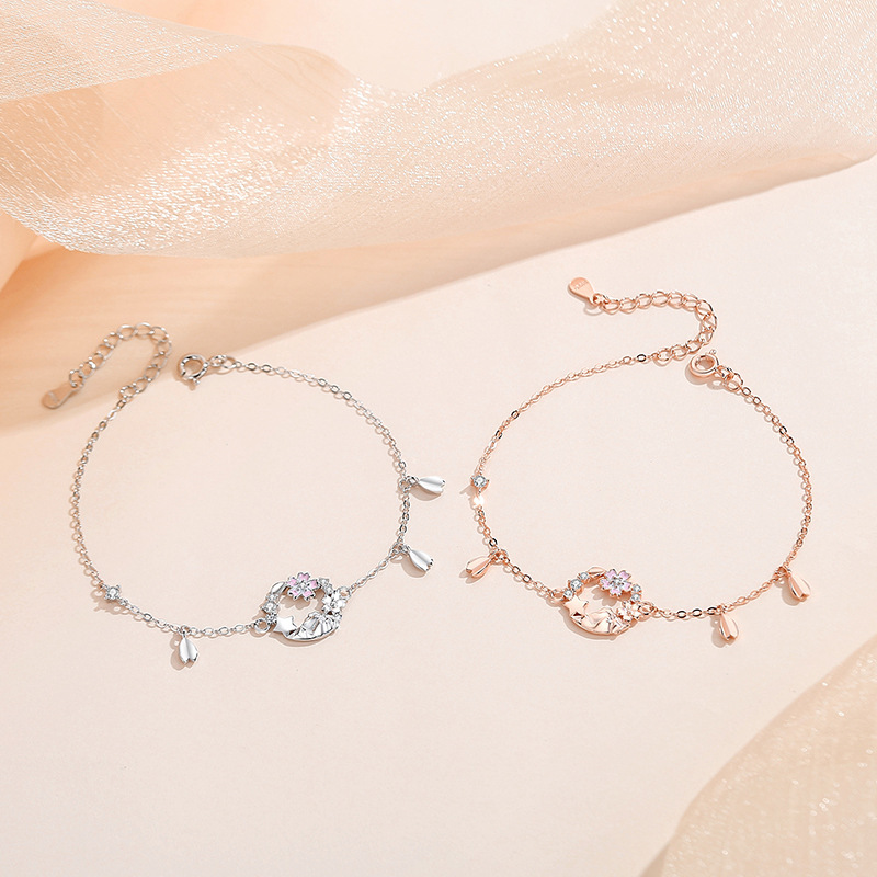 Original summer new cherry blossom bracelet for women, 925 sterling silver, Korean style, trendy floral bracelet, same style as on DeWu