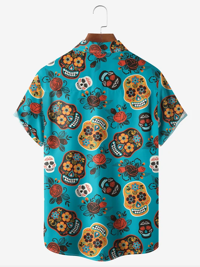 Skull Chest Pocket Short Sleeve Casual Shirt