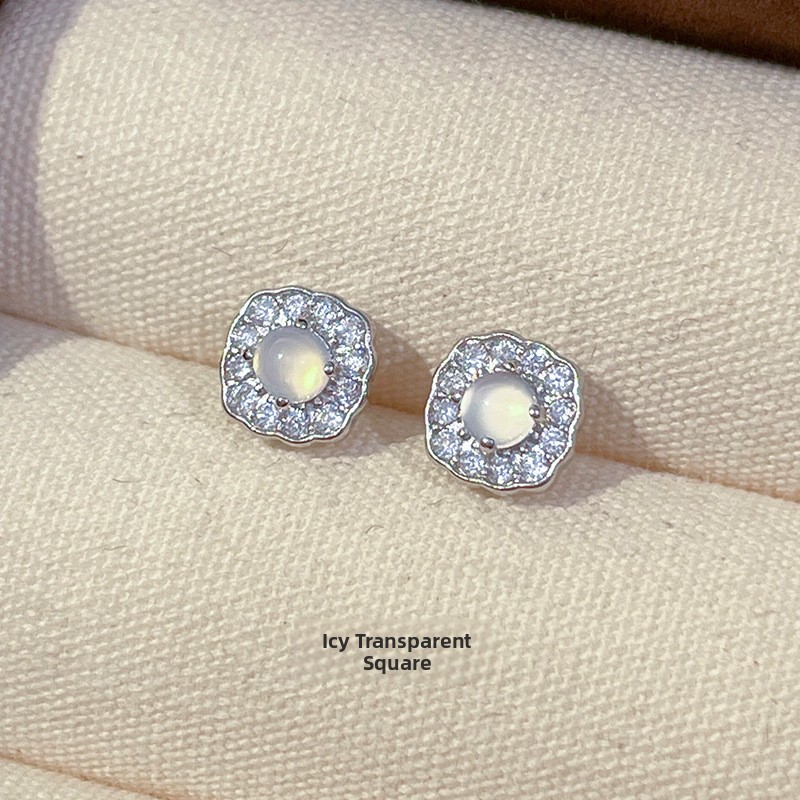 925 sterling silver square earrings for women, white chalcedony, niche, elegant, vintage, new Chinese style, light luxury, compact earrings, ear accessories