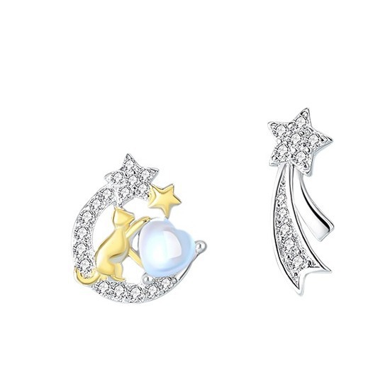 925 Sterling Silver Moon Star Cat Stud Earrings| Moonstone Jewelry
