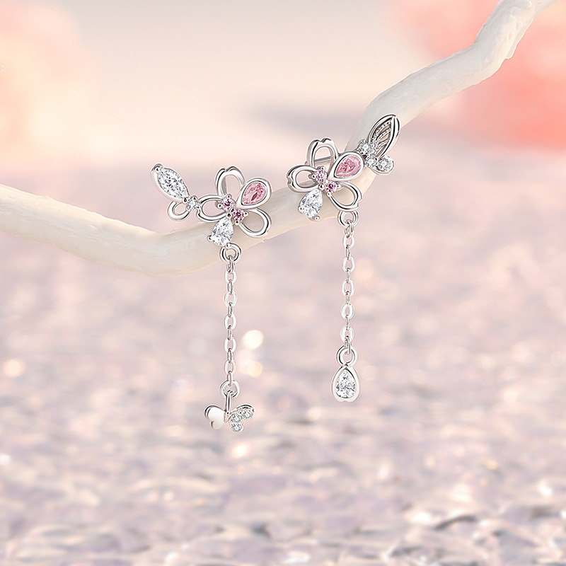 Original cherry blossom butterfly earrings, women’s sterling silver, Korean style, minimalist floral tassel earrings, unique design jewelry