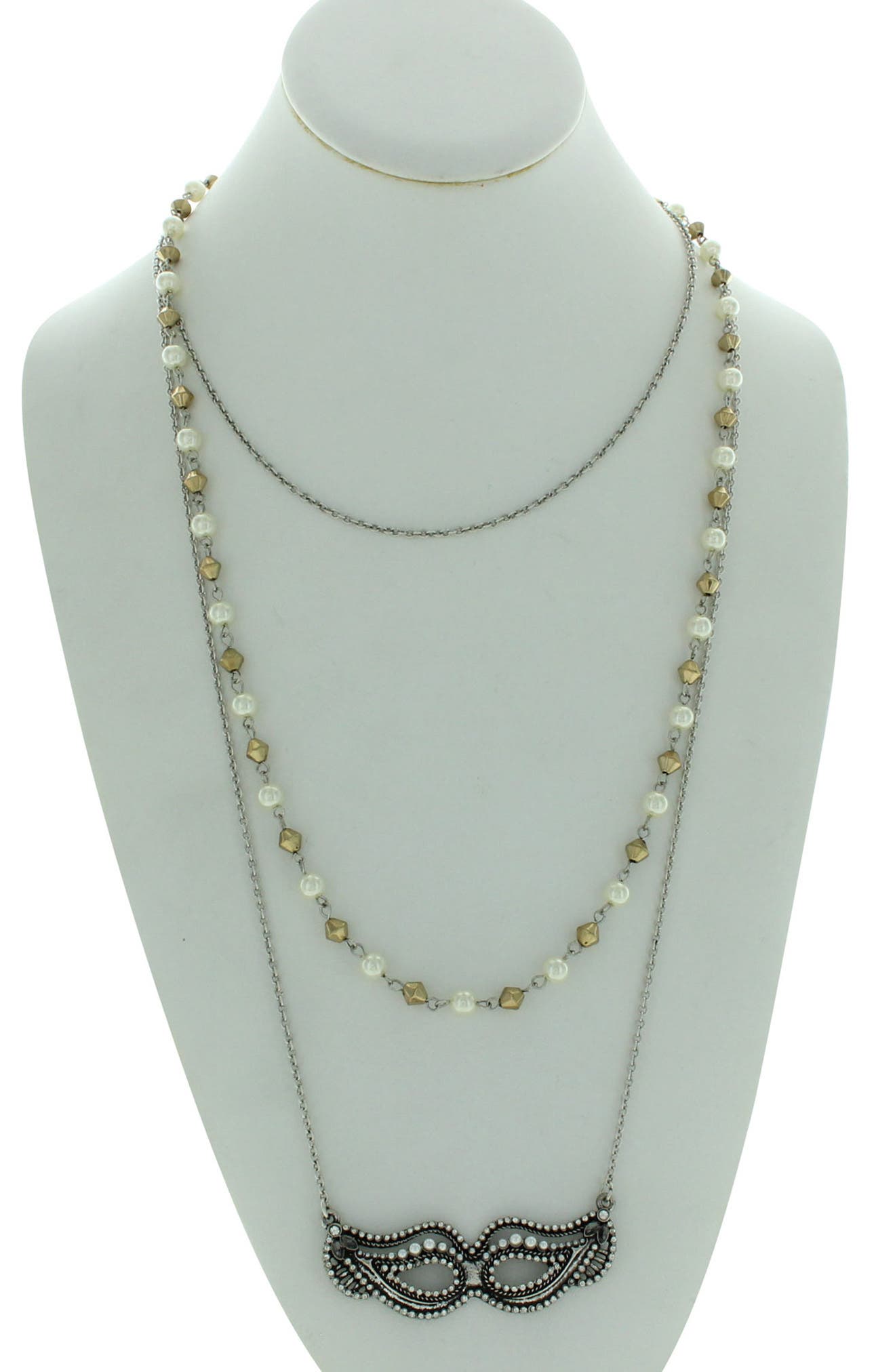 OLIVIA WELLES Triple Layer Beaded Imitation Pearl Mask Pendant Necklace