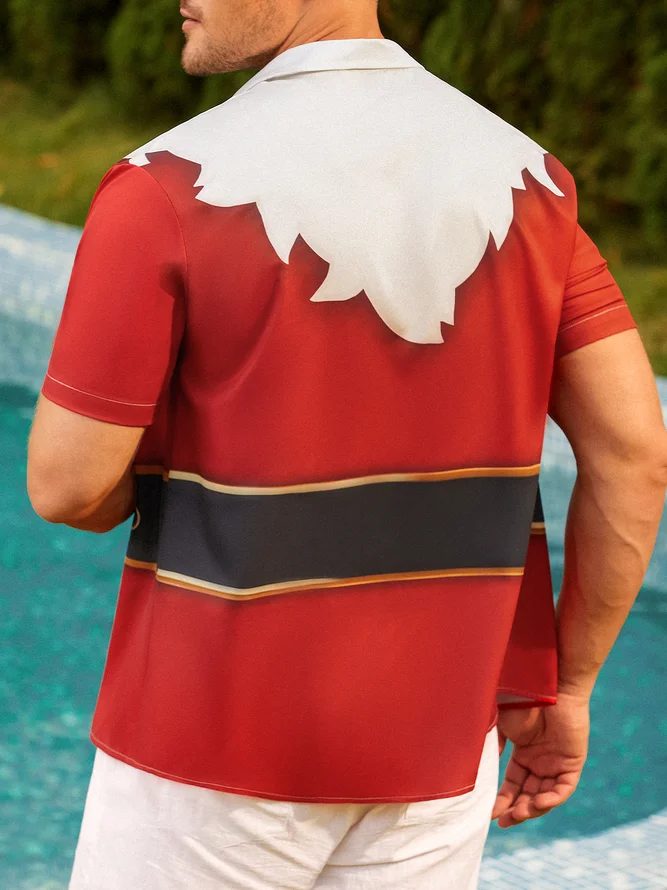 Men's Christmas Print Fashion Lapel Pocket Short Sleeve Hawaiian Shirt