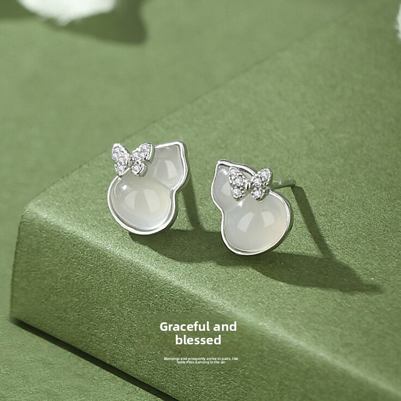 Original Gourd White Chalcedony Earrings for Women, Pure Silver, Artistic Style, New Chinese Style, Auspicious Gourd Earrings, Forest Style Butterfly Earrings, Gift
